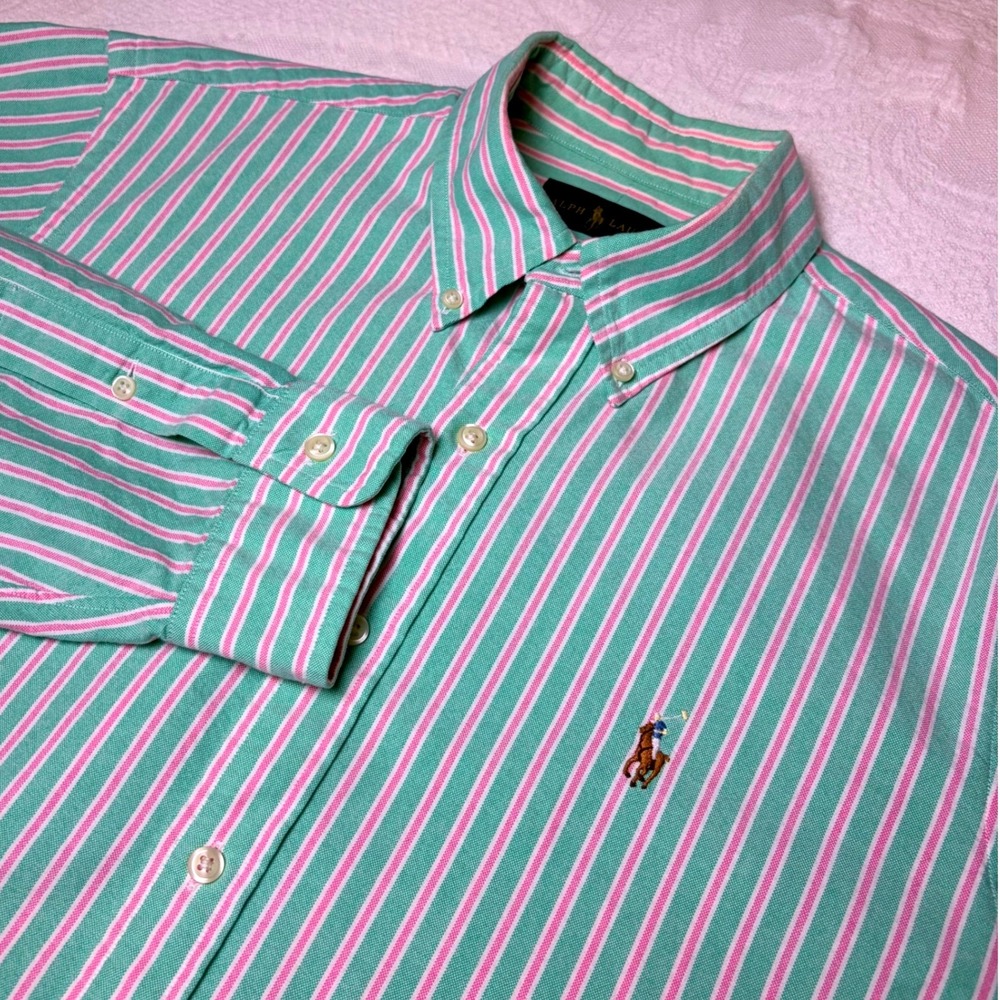 Ralph Lauren Mens Large Green Pink Striped Pony Cotton Oxford Button Down Shirt